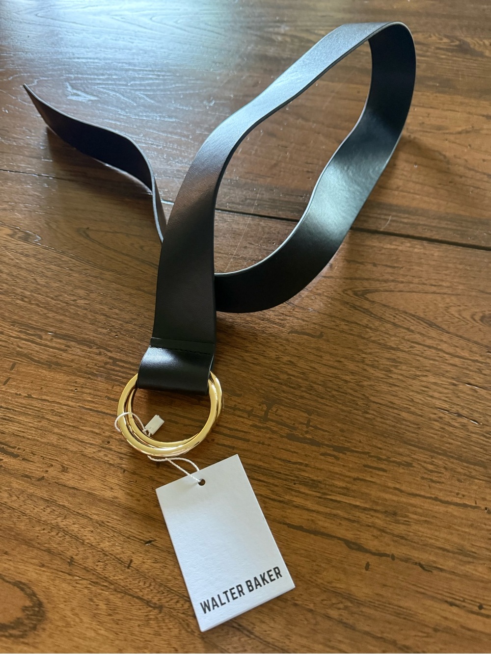 Walter Baker Black Leather Belt with Gold Double Ring Buckle
